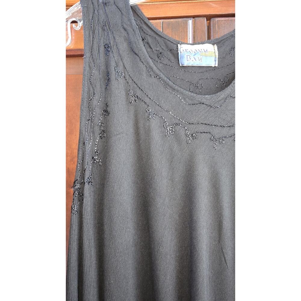 Embroidered Beach Sun Dress Black Rayon Uneven Hem Size L Groovy Bay - Picture 4 of 5